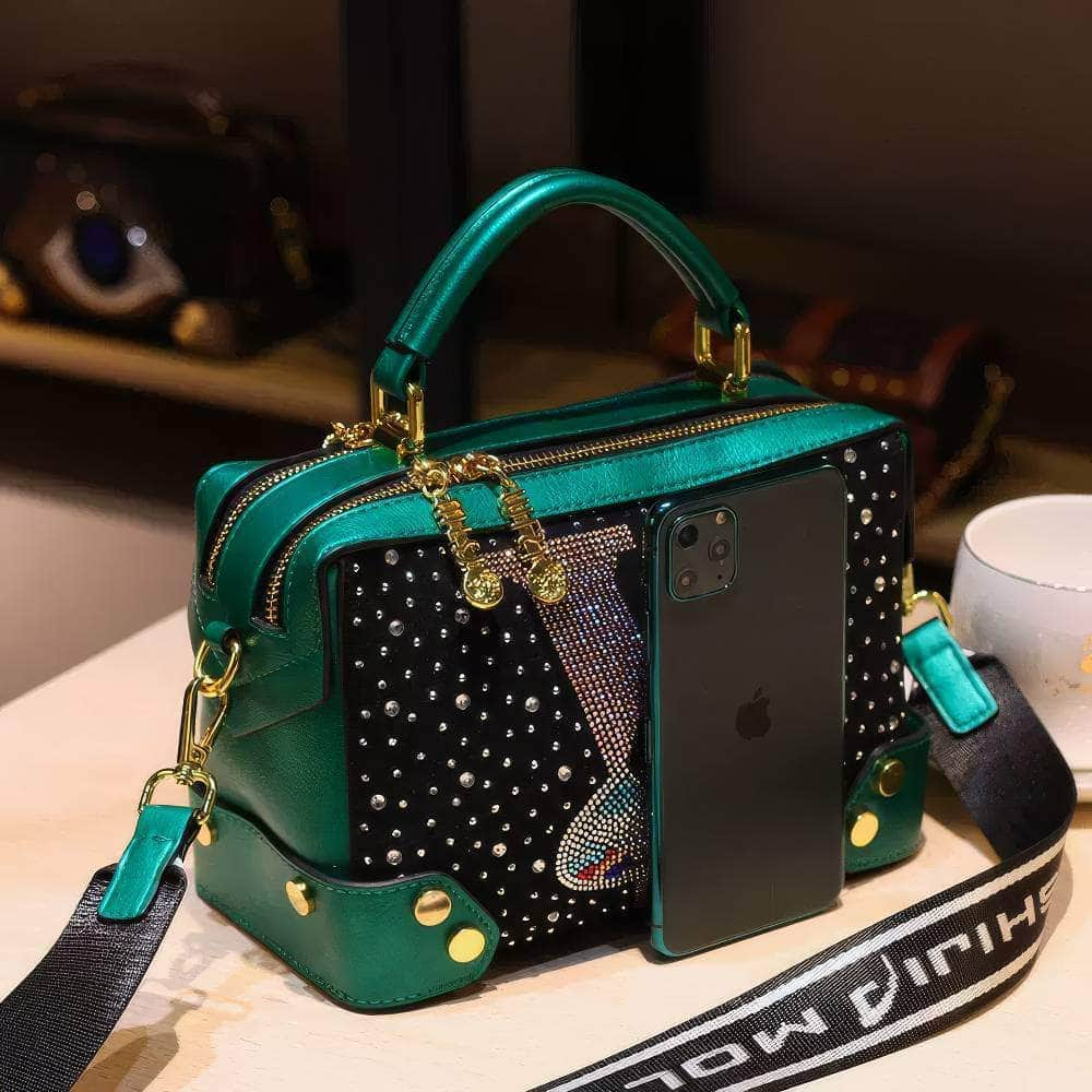 Rhinestone Embellished Top Handle Square Bag Green