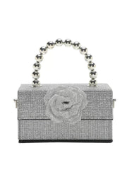 Rhinestone Floral Deco Beaded Top Handle Box Bag Silver