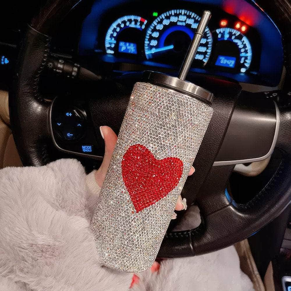 Rhinestone Heart Decor Tumbler Cup 500ML / White