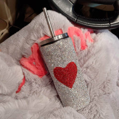 Rhinestone Heart Decor Tumbler Cup 500ML / White