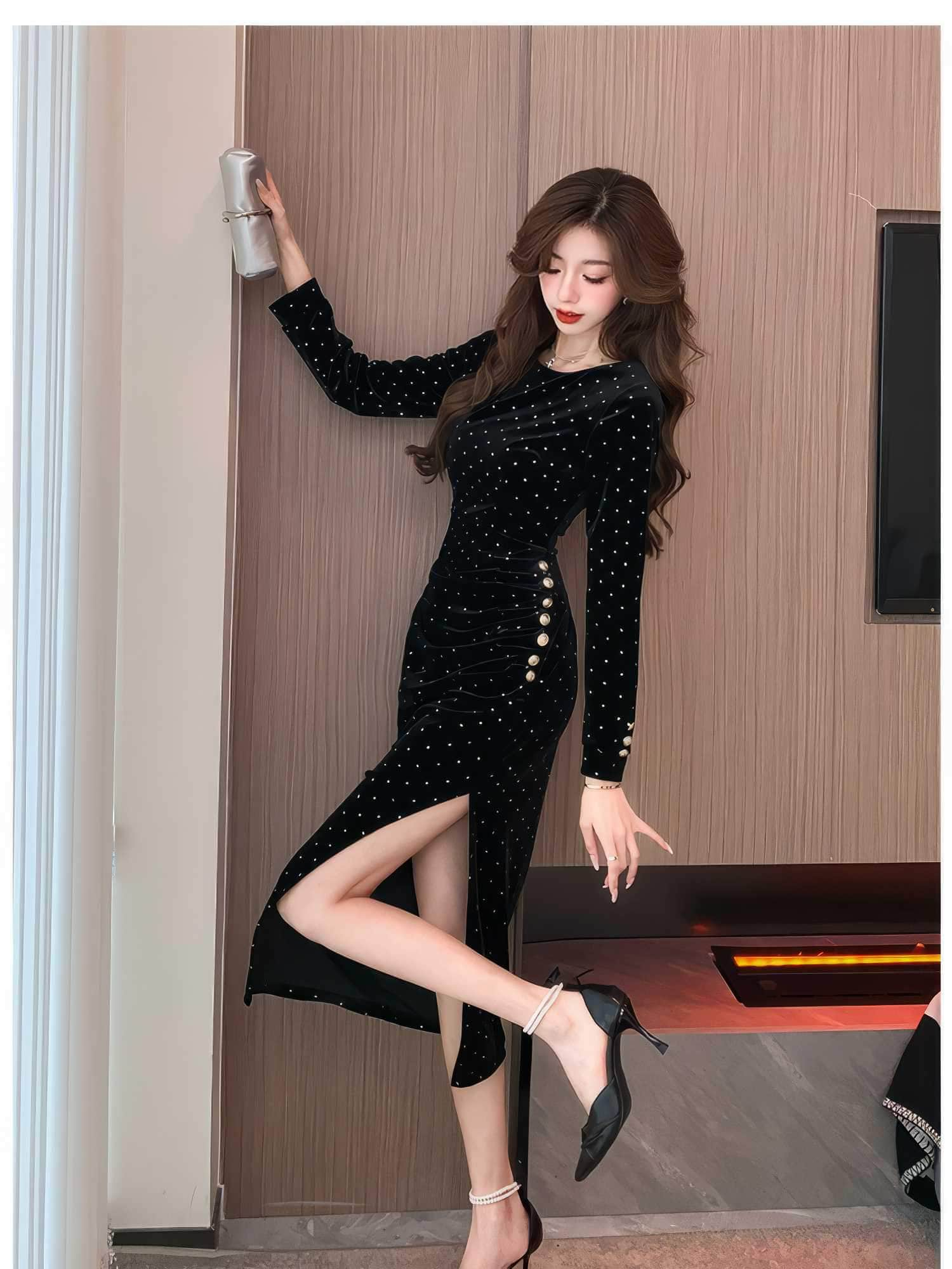 Rhinestone Hot Fix Velvet Side Slit Dress