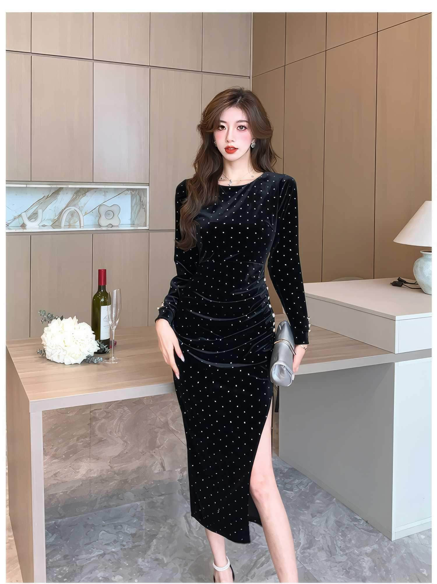 Rhinestone Hot Fix Velvet Side Slit Dress