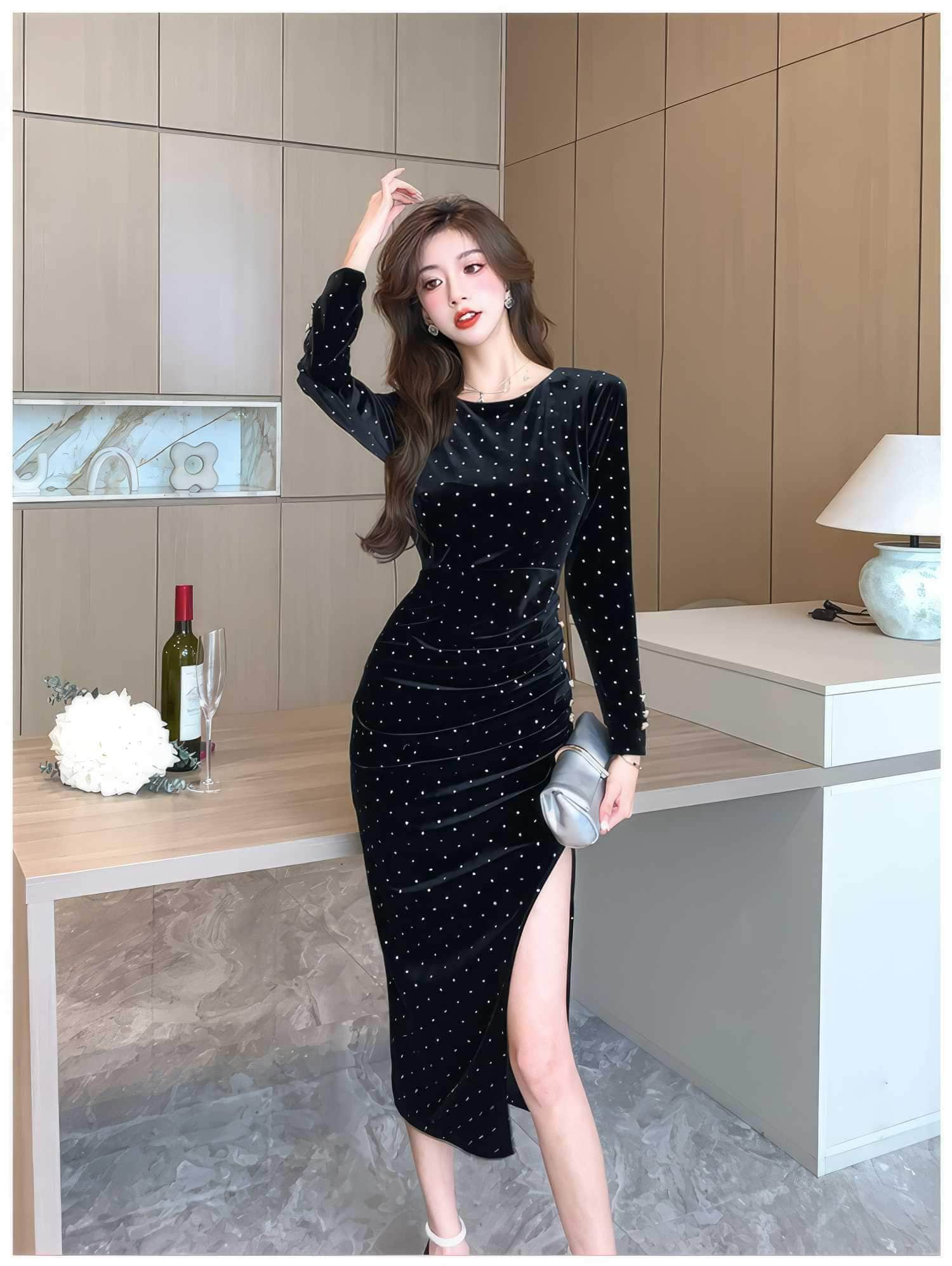 Rhinestone Hot Fix Velvet Side Slit Dress