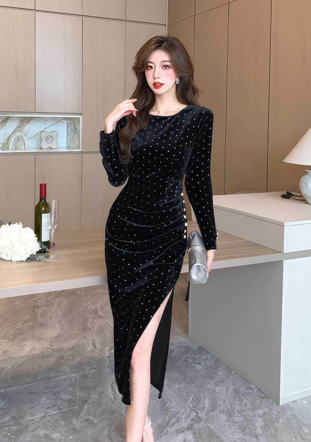 Rhinestone Hot Fix Velvet Side Slit Dress