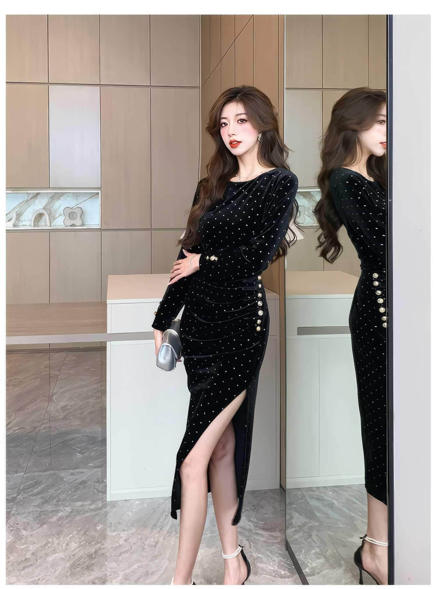 Rhinestone Hot Fix Velvet Side Slit Dress