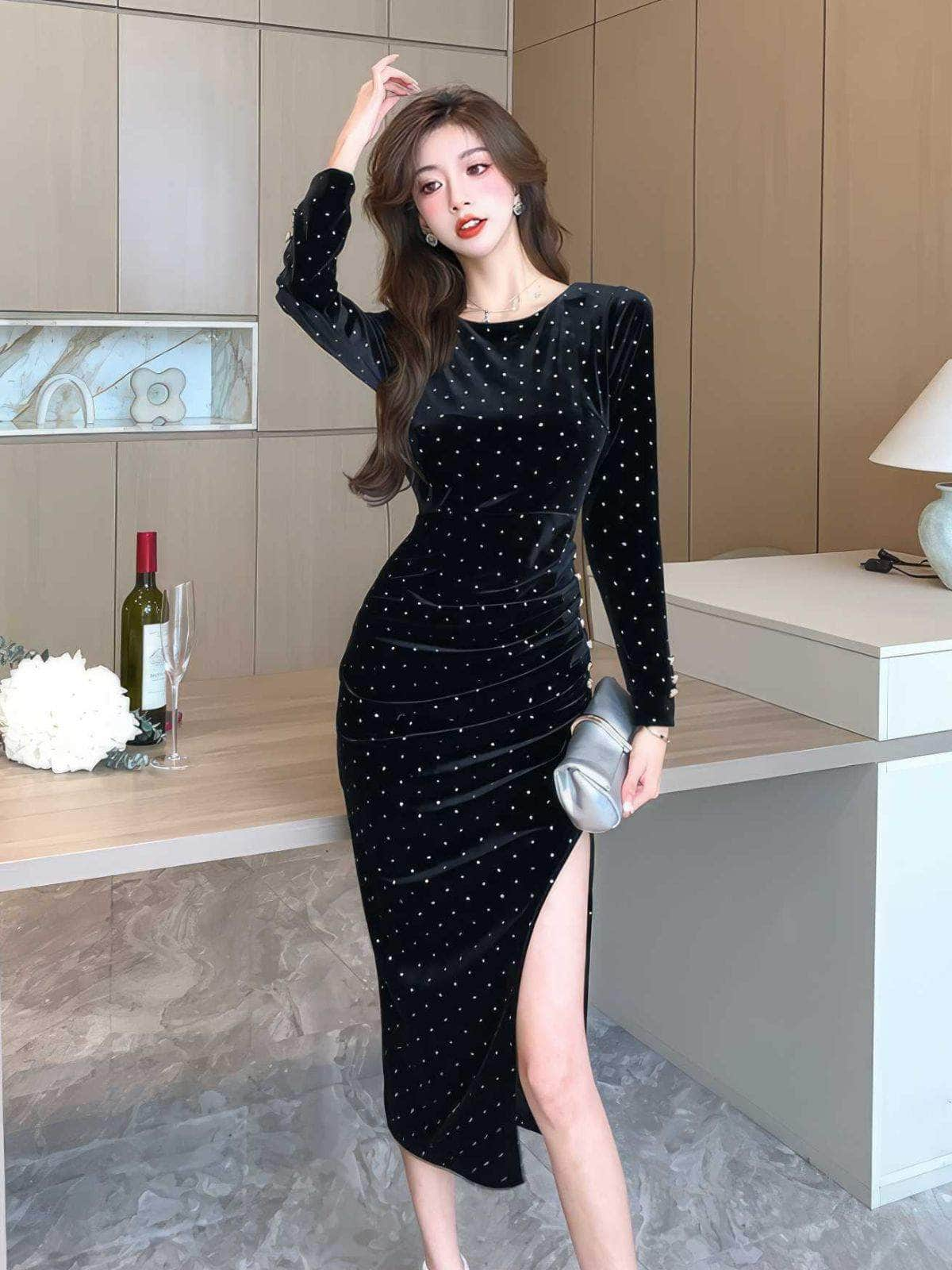 Rhinestone Hot Fix Velvet Side Slit Dress S / Black