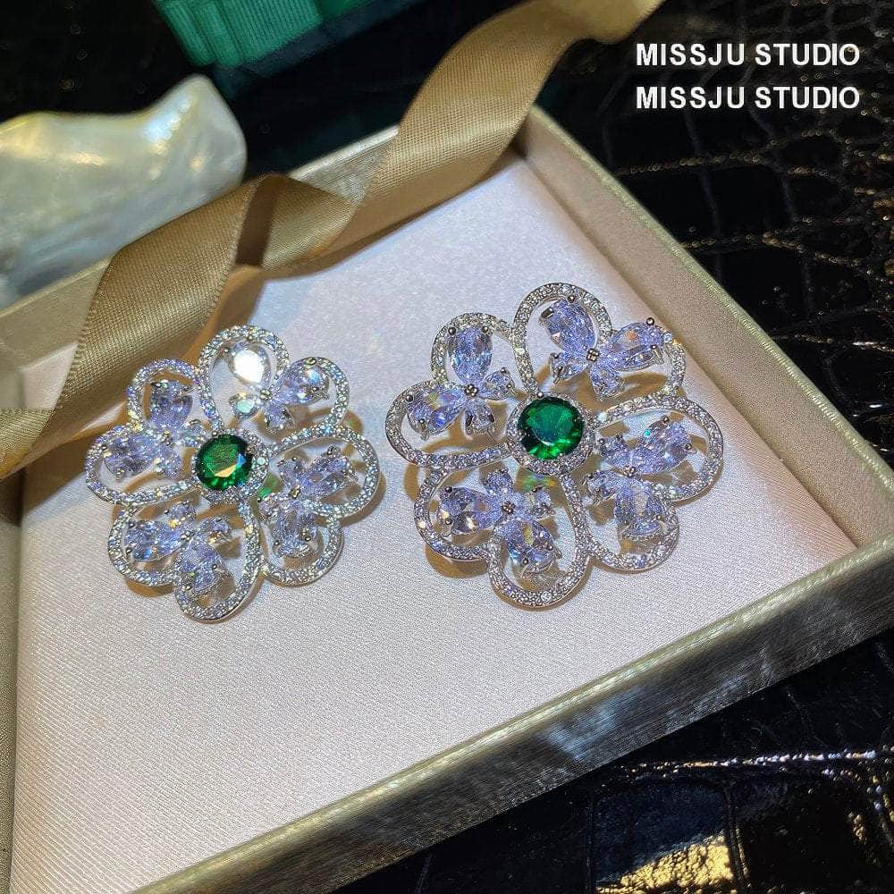 Rhinestone Inlaid Emerald Stone Round Earrings Green