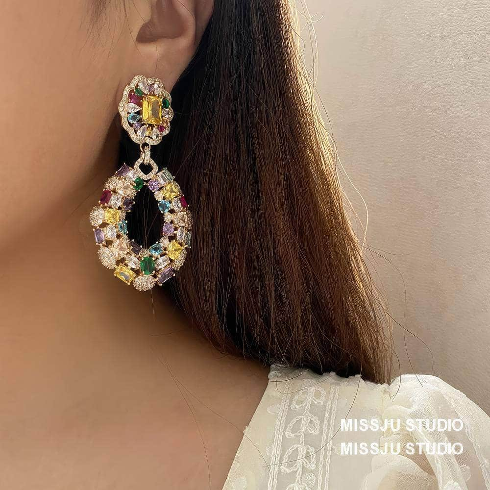 Rhinestone Inlaid MultiGemstone Dangle Statement Earrings Multicolor