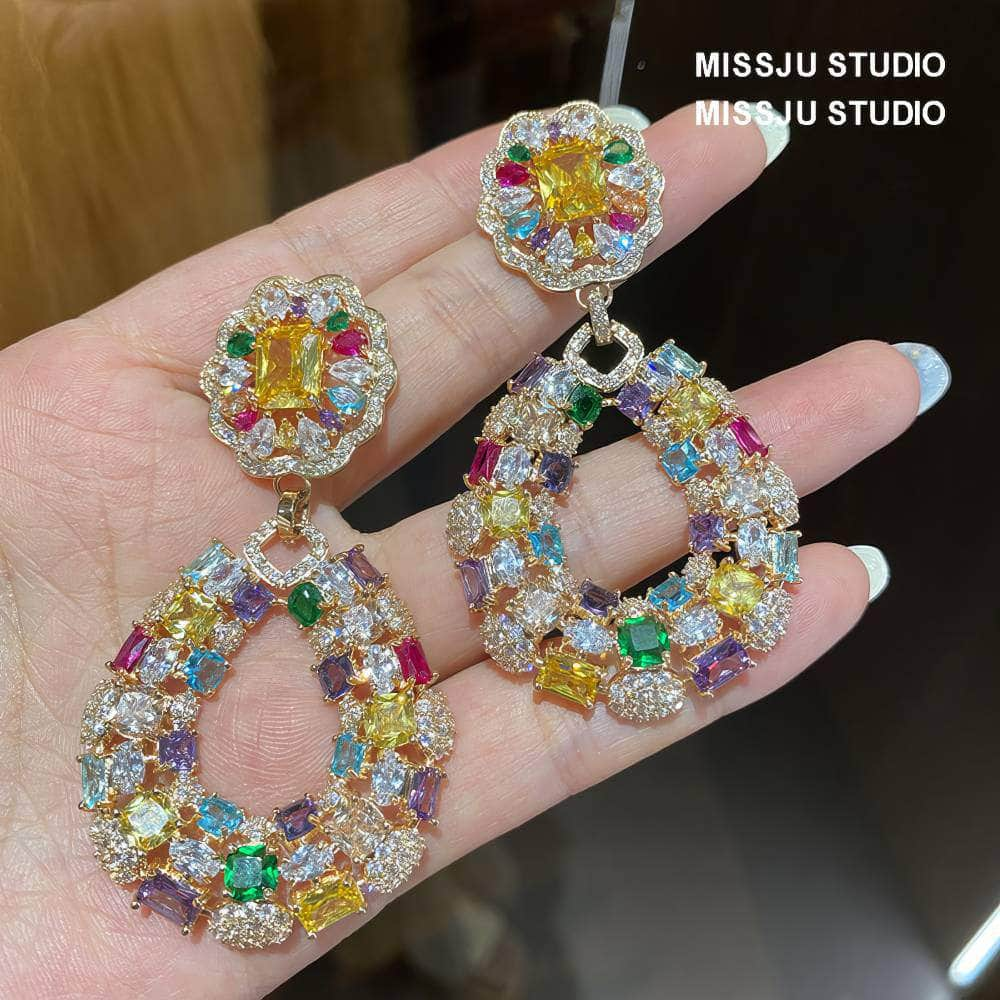 Rhinestone Inlaid MultiGemstone Dangle Statement Earrings Multicolor