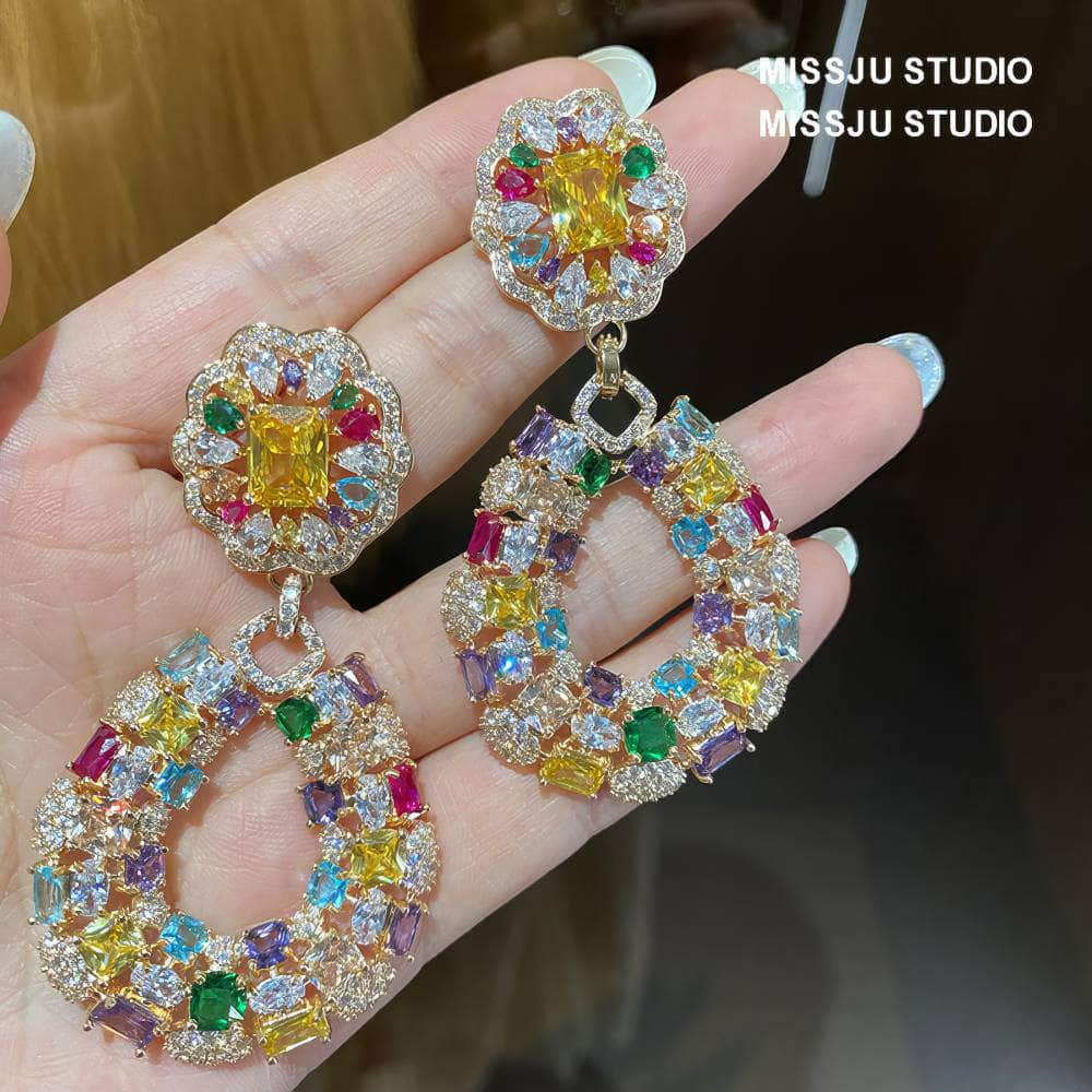 Rhinestone Inlaid MultiGemstone Dangle Statement Earrings Multicolor