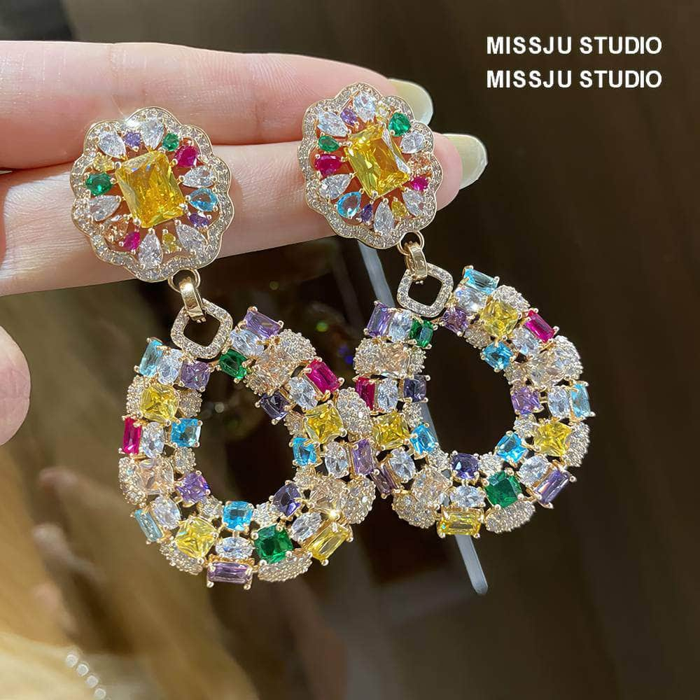 Rhinestone Inlaid MultiGemstone Dangle Statement Earrings Multicolor