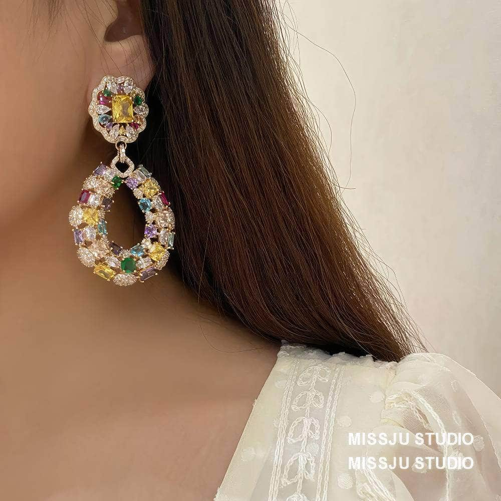 Rhinestone Inlaid MultiGemstone Dangle Statement Earrings Multicolor