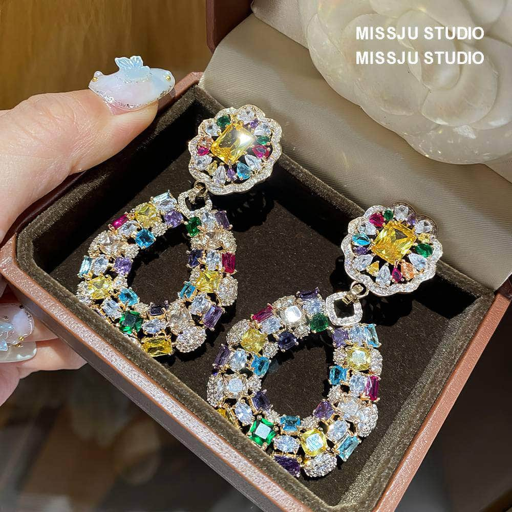 Rhinestone Inlaid MultiGemstone Dangle Statement Earrings Multicolor