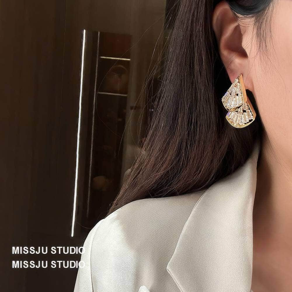 Rhinestone Metal Fan Shaped Stud Statement Earrings White