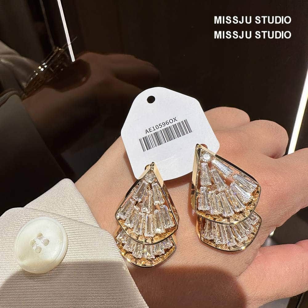 Rhinestone Metal Fan Shaped Stud Statement Earrings White