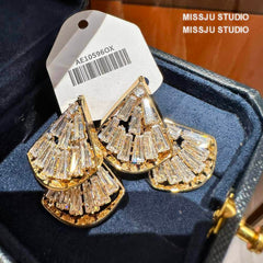 Rhinestone Metal Fan Shaped Stud Statement Earrings White