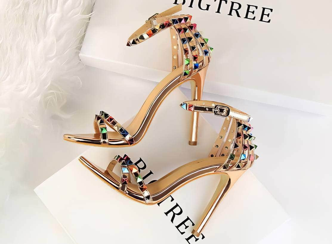 Rhinestone Rivet Studded High Heels Sandals