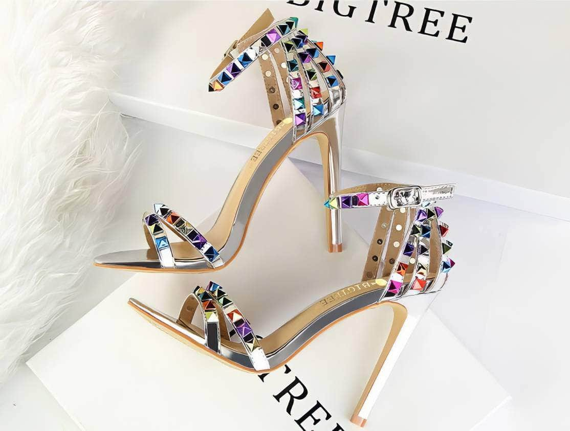 Rhinestone Rivet Studded High Heels Sandals