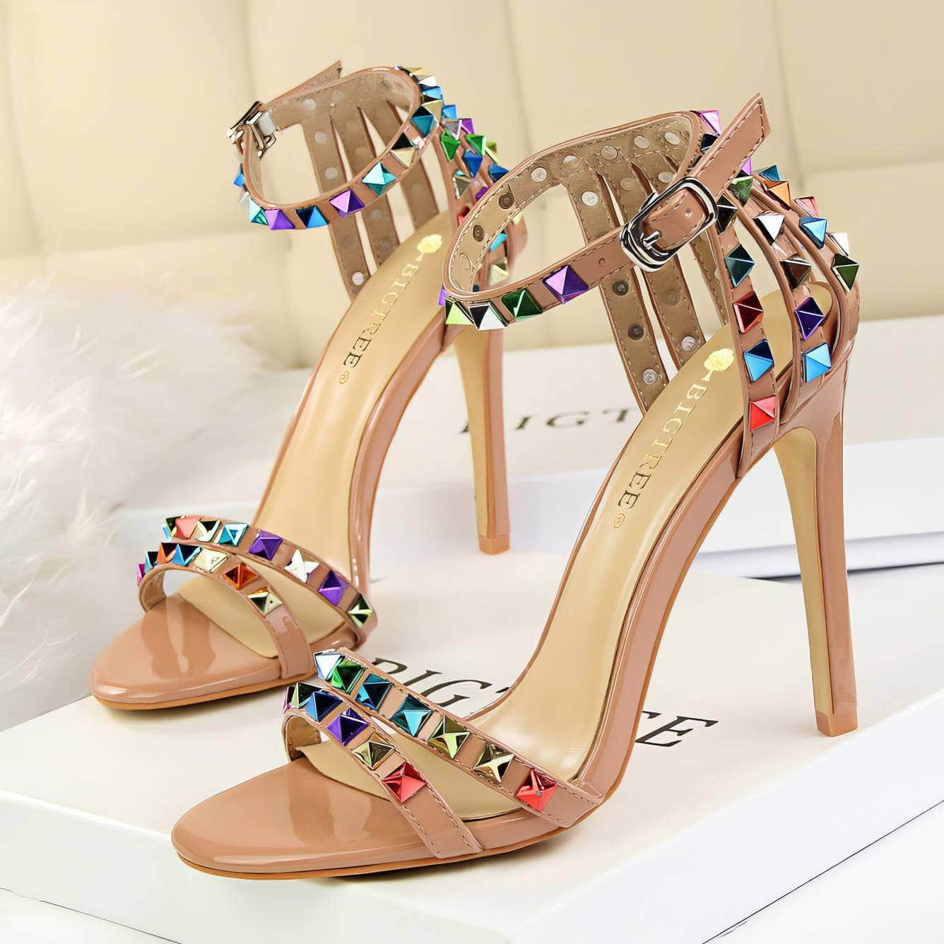 Rhinestone Rivet Studded High Heels Sandals