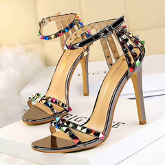 Rhinestone Rivet Studded High Heels Sandals EU 33 / Gray / 11CM