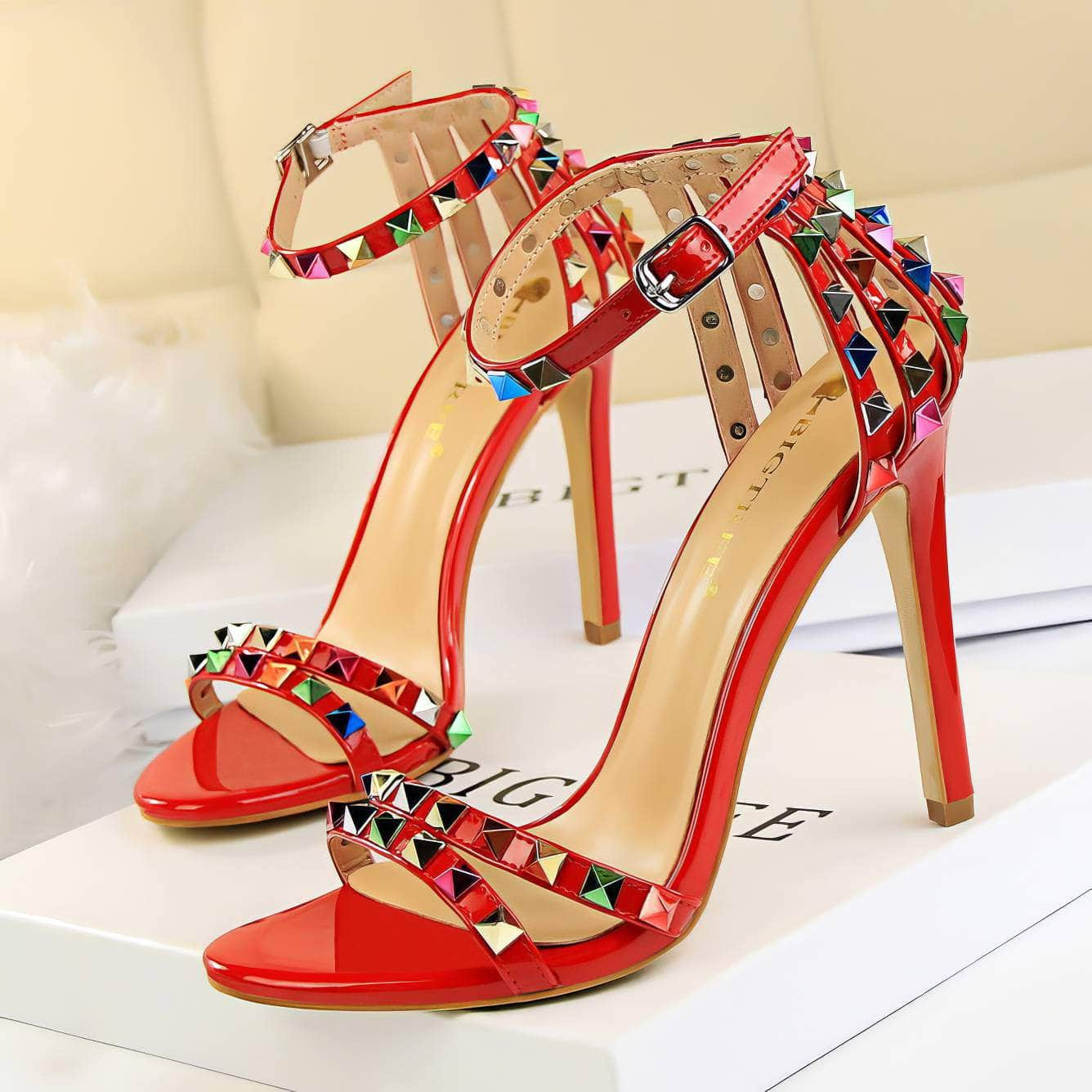 Rhinestone Rivet Studded High Heels Sandals EU 33 / Red / 11CM