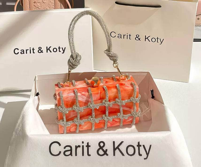 Rhinestone Rope Top Handle Acrylic Clutch Purse Orange