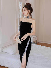 Rhinestone Side Slit Sleeveless Satin Dress