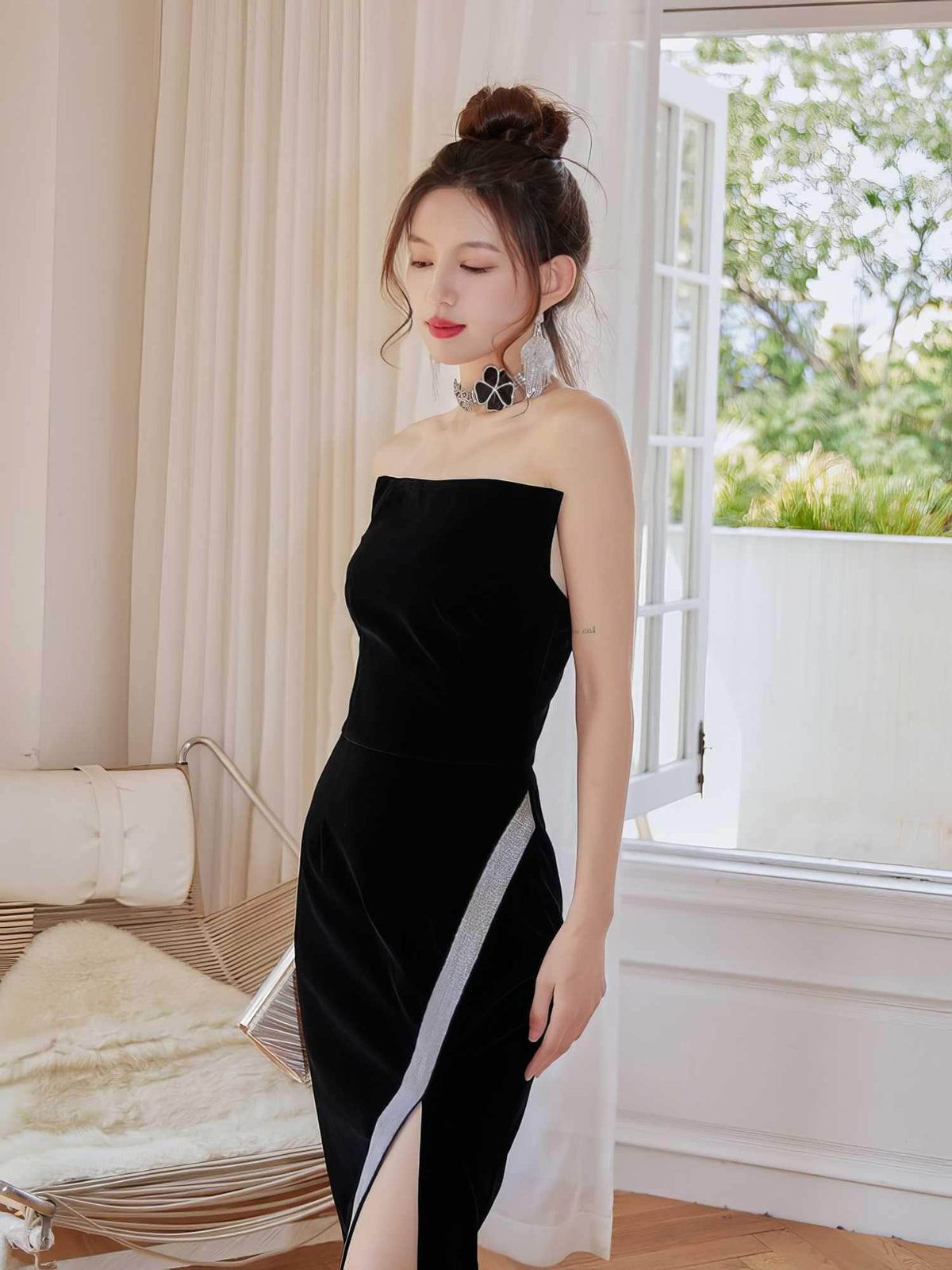 Rhinestone Side Slit Sleeveless Satin Dress XS / Black