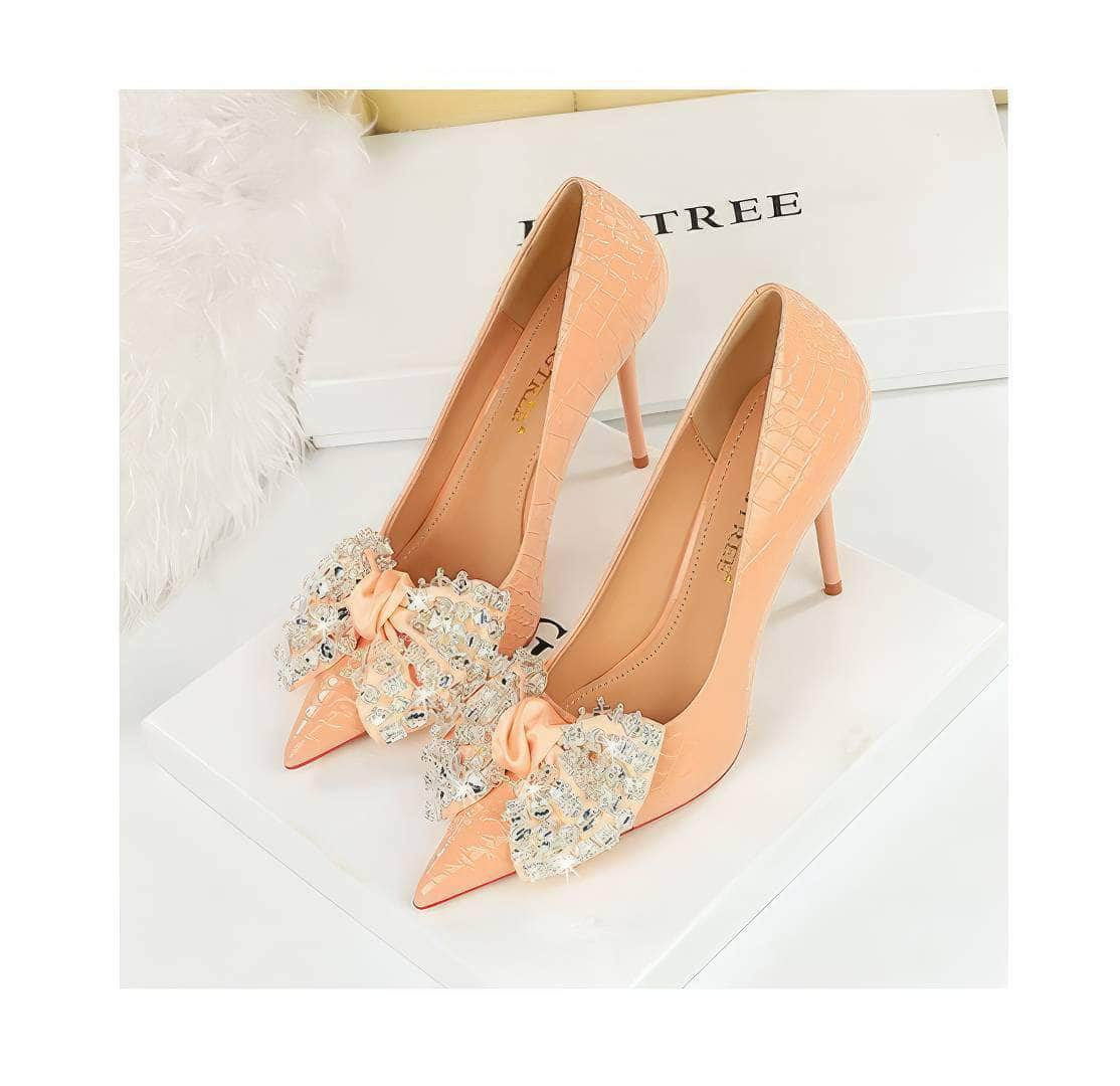 Rhinestone Silk Bow Detailed Court Heels