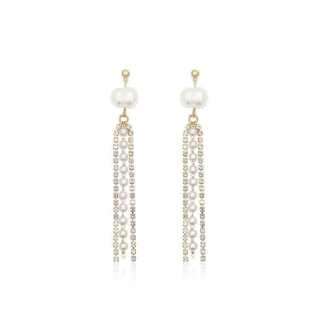 Rhinestone Stone Tassel Drop Earrings White / Clip On