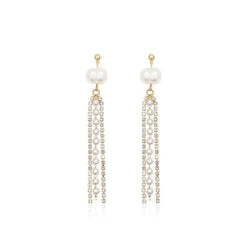 Rhinestone Stone Tassel Drop Earrings White / Clip On