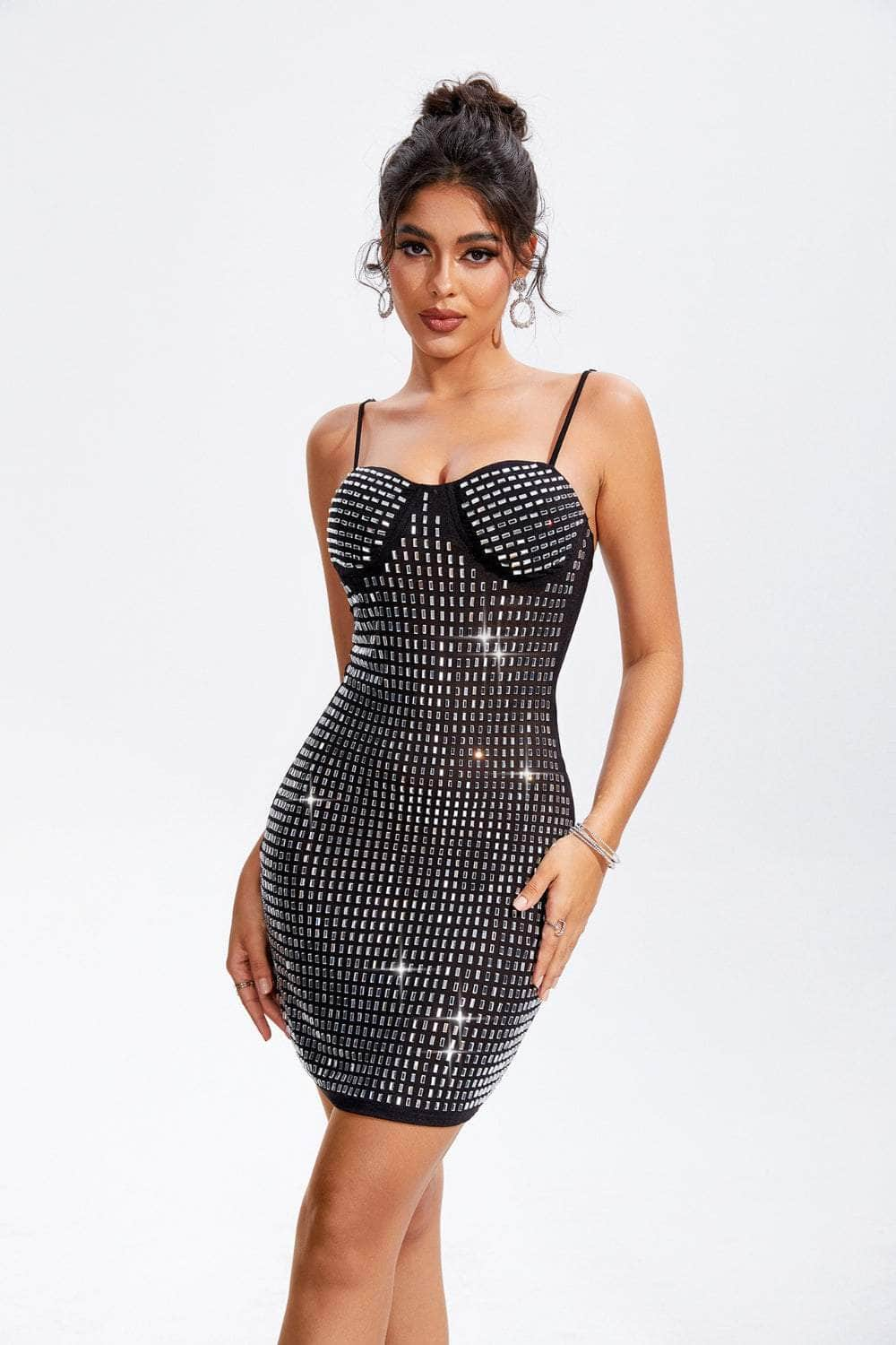 Rhinestone Sweetheart Neck Mini Cami Dress Black / S