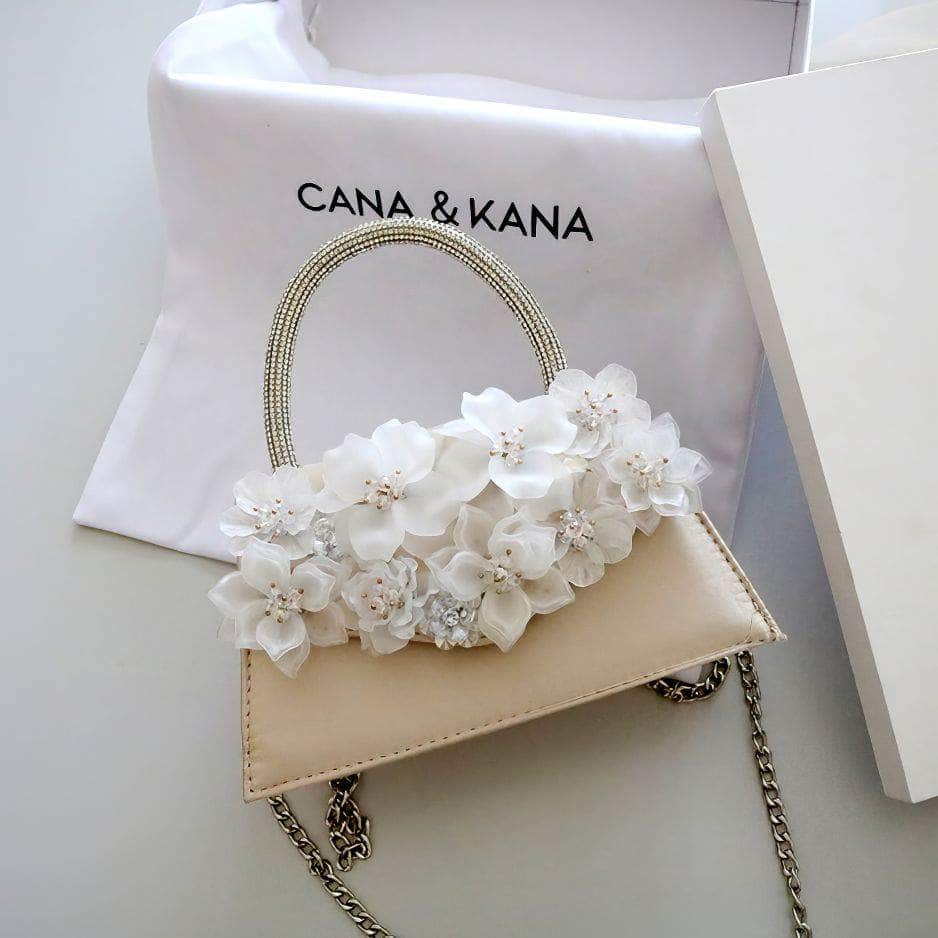 Rhinestone Top Handle 3D Floral Clutch Bag Bisque
