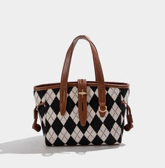 Rhombus Patterned Tote Shoulder Bag Brown