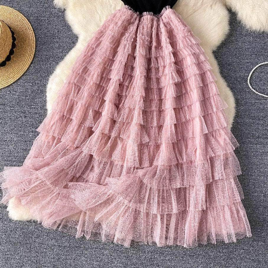 Ribbed Knit Round Neck Maxi Tulle Layered Dress