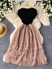 Ribbed Knit Round Neck Maxi Tulle Layered Dress