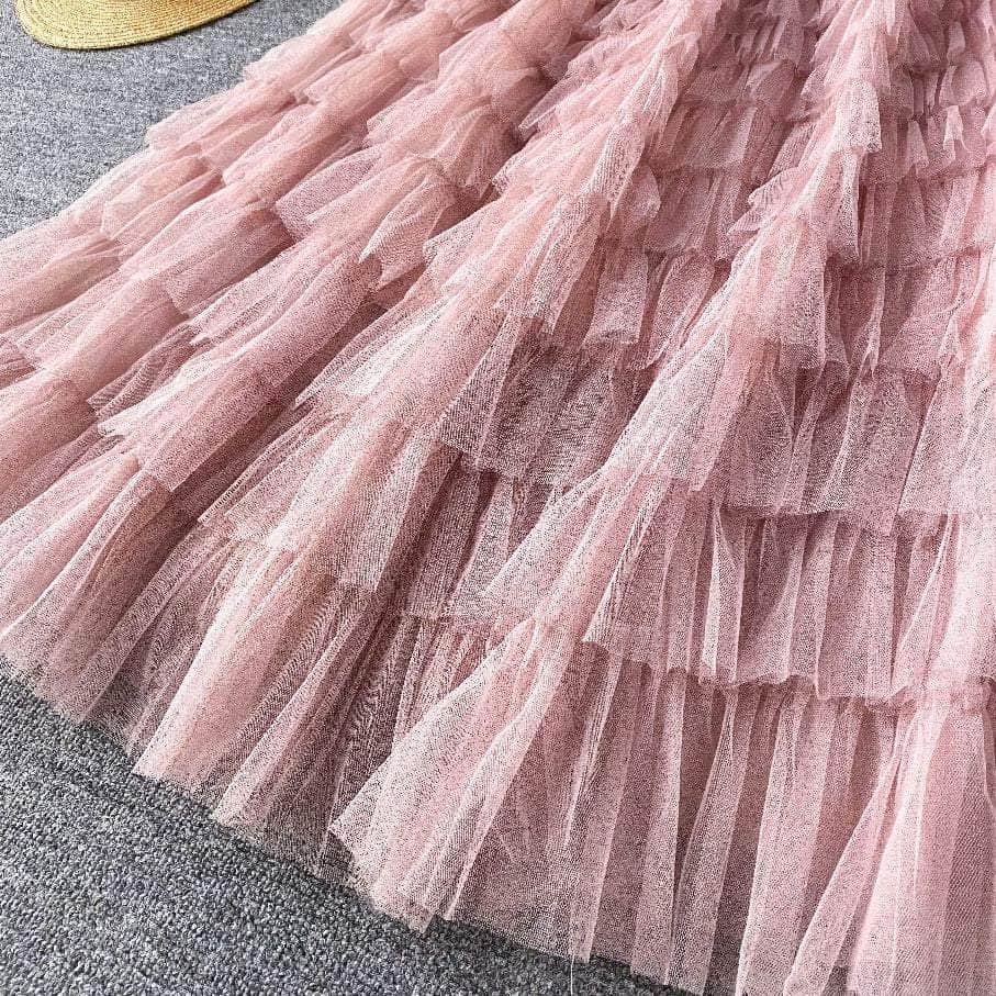 Ribbed Knit Round Neck Maxi Tulle Layered Dress