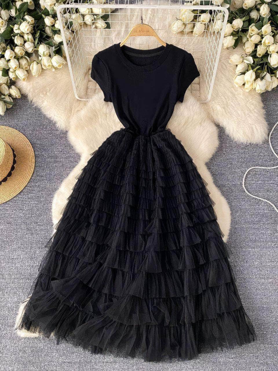 Ribbed Knit Round Neck Maxi Tulle Layered Dress MAX SIZE / Black