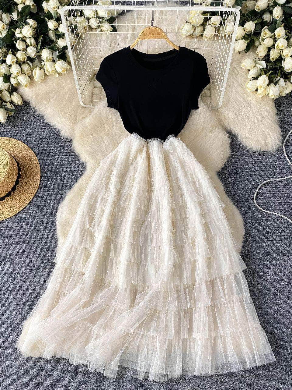 Ribbed Knit Round Neck Maxi Tulle Layered Dress MAX SIZE / Ivory