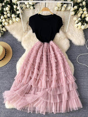 Ribbed Knit Round Neck Maxi Tulle Layered Dress MAX SIZE / Pink
