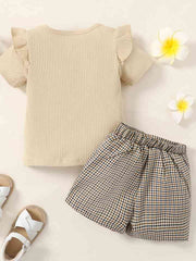 Ribbed Round Neck Short Sleeve Top and Plaid Shorts Set