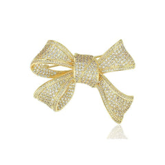 Ribbon Bow Detailed Rhinestone Embellished Brooch Gold