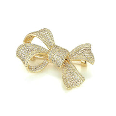 Ribbon Bow Detailed Rhinestone Embellished Brooch Gold