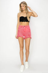 RISEN High Waist Frayed Hem Denim Shorts Hot Pink / S