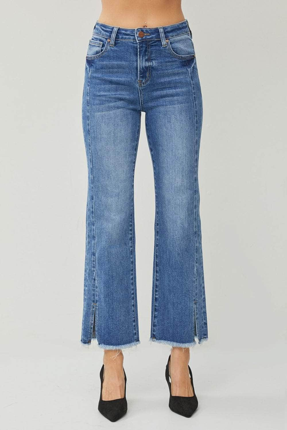 RISEN High Waist Raw Hem Slit Straight Jeans