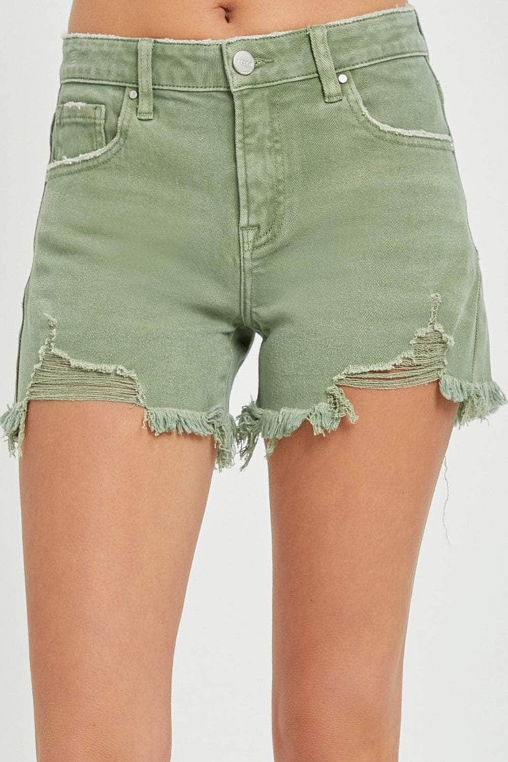 RISEN Mid Waist Frayed Hem Denim Shorts Olive / S