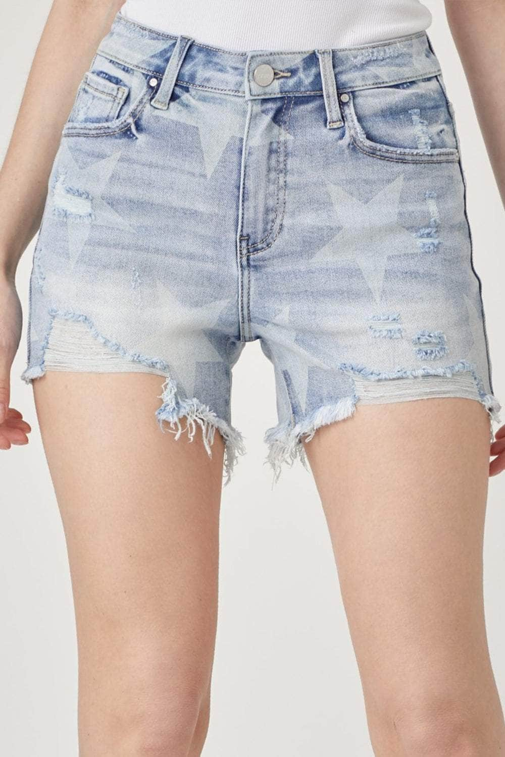 RISEN Star Print Frayed Denim Shorts Light / S