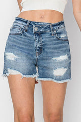 RISEN Stepped Waist Frayed Denim Shorts MEDIUM / S