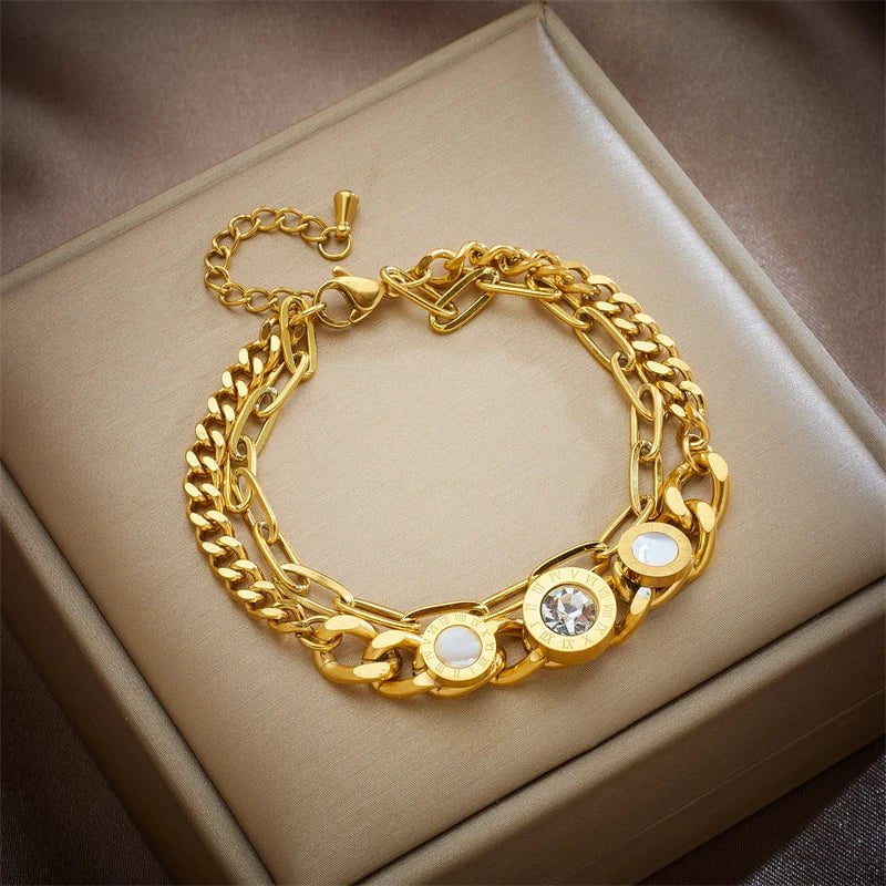 Roman Numeral Zircon Multilayer Chain Wrist Charm Bracelet B734