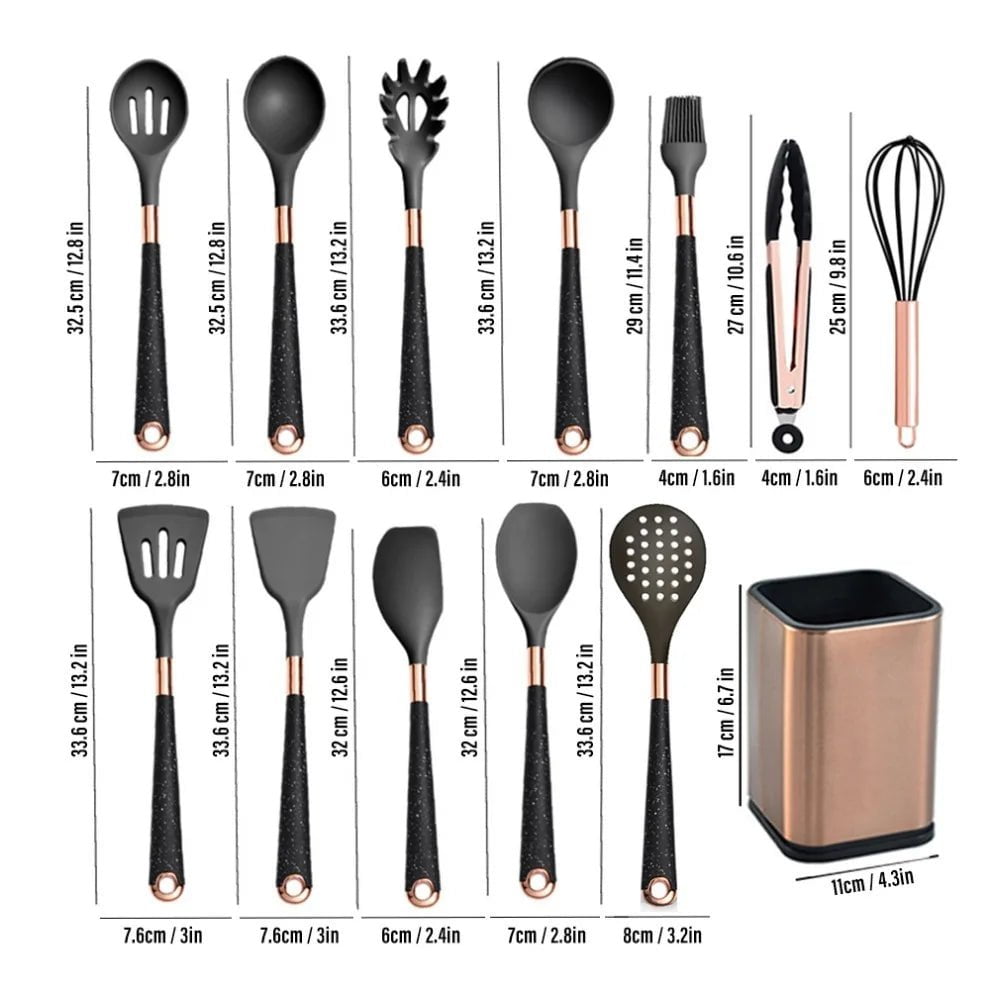 Rose Gold-Plated Handle Silicone Cooking Utensils Set - Heat Resistant Kitchen Spatula, Spoon, Non-Stick Tools with Holder